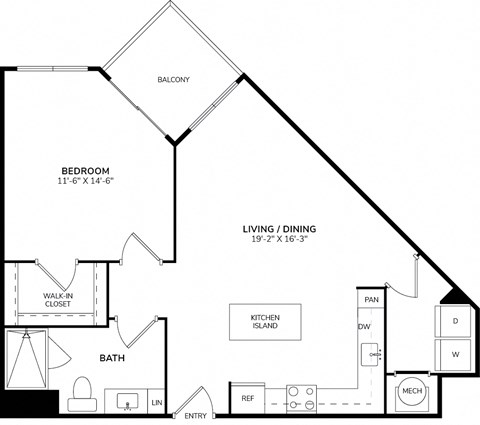 Floor plan for 1 bed, 1 bath, 787 sqft
